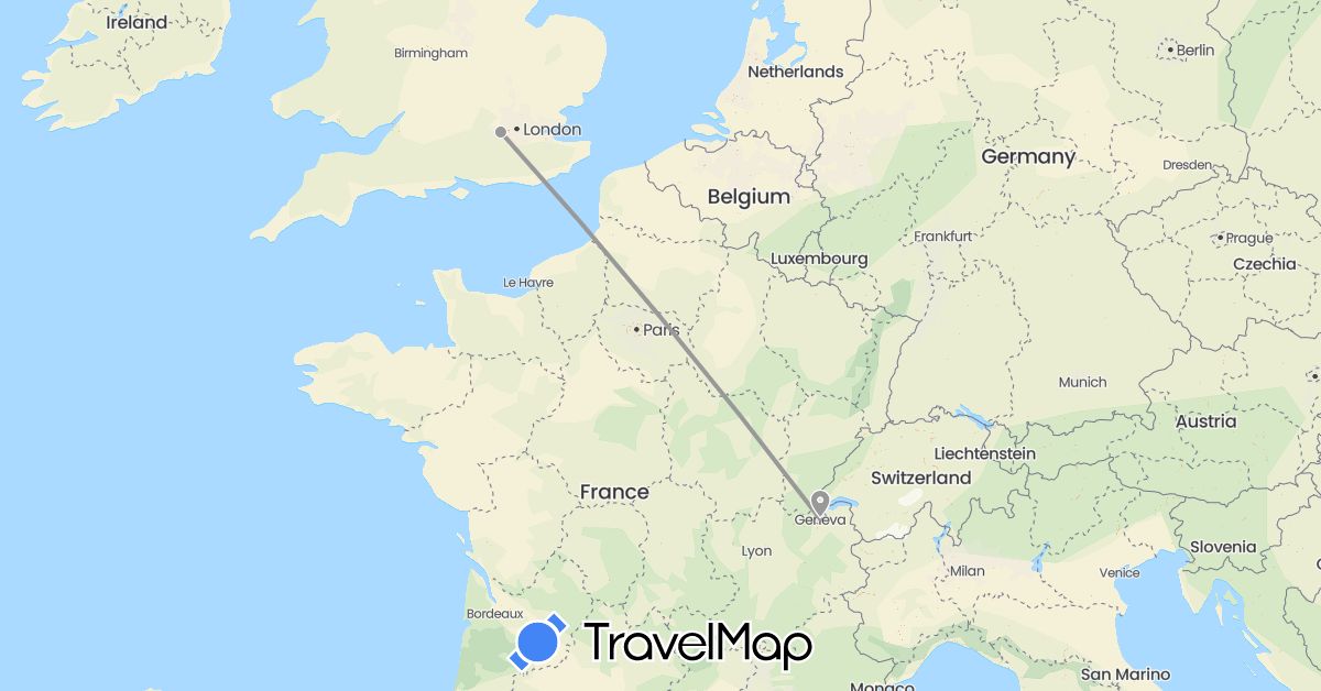 TravelMap itinerary: driving, plane in Switzerland, United Kingdom (Europe)